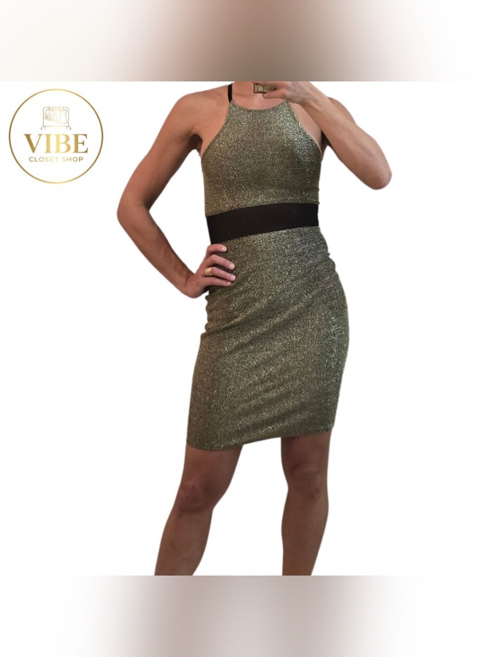 Forever 21 Metallic Gold Halter Mini Dress with Black Waist